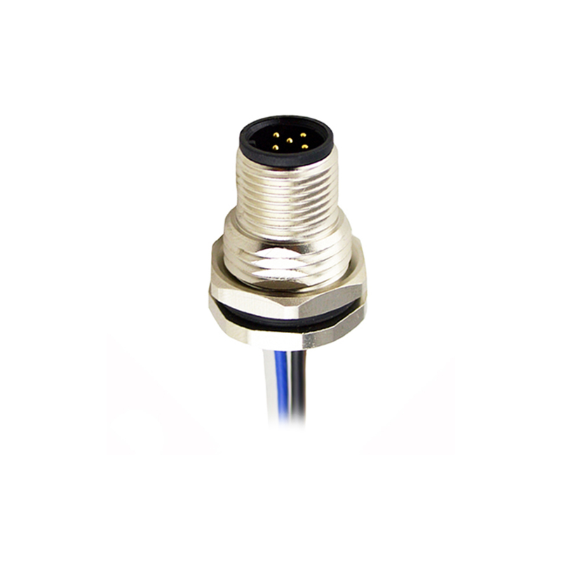 M12 5pins A code male straight front panel mount connector PG9 thread,unshielded,single wires,brass with nickel plated shell